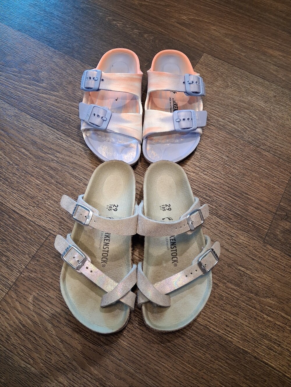 Birkenstock Kids Iridescent Pink and Metallic Tan Double-Strap Sandals Set Of 2